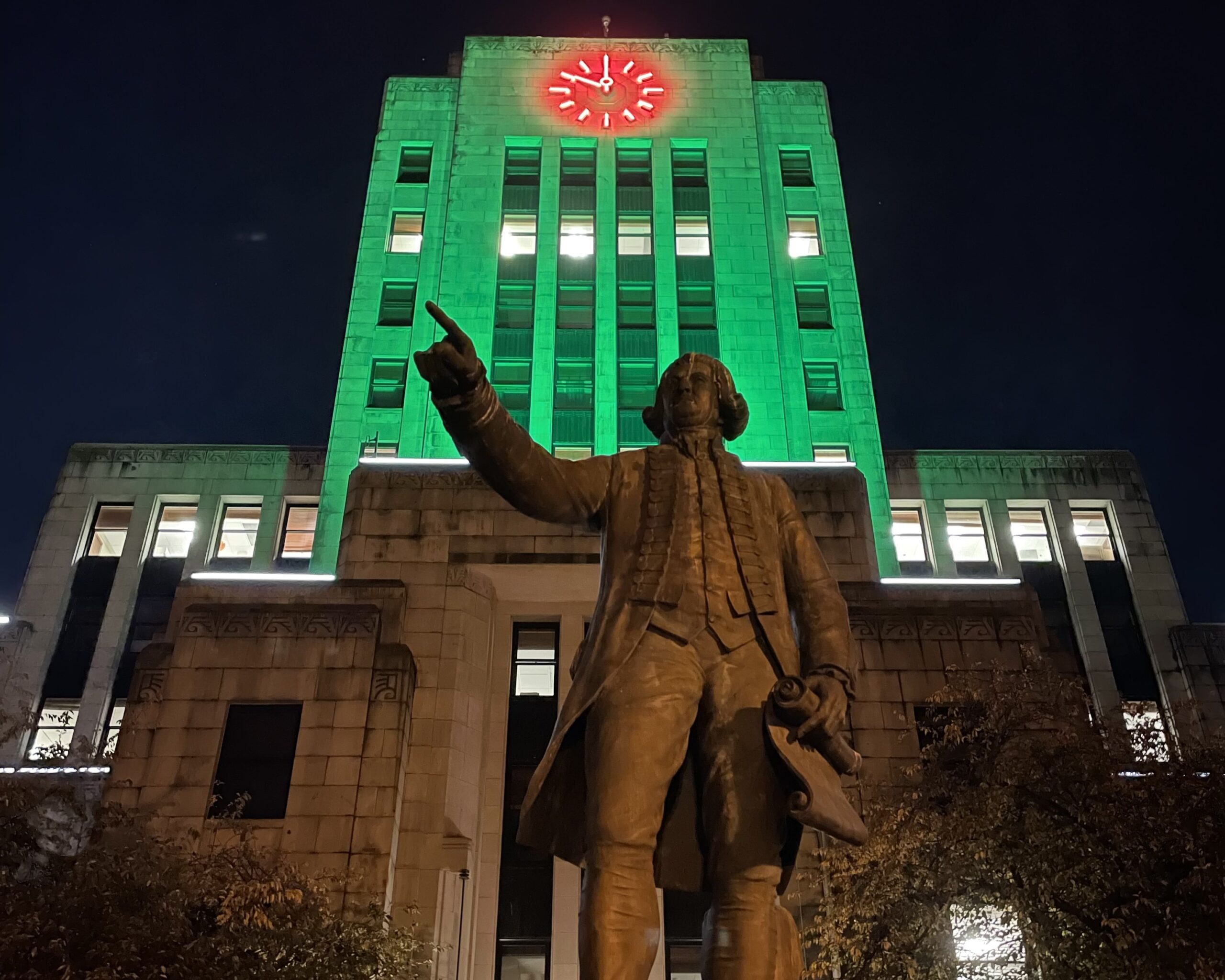 City Hal lit Green for Waste Reduction Week